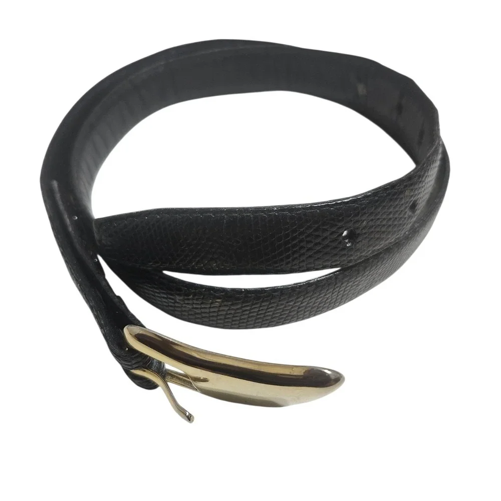 Vintage Ilana Goor Black Lizard Cowhide Leather Belt Gold Sculptural Buckle 38in
